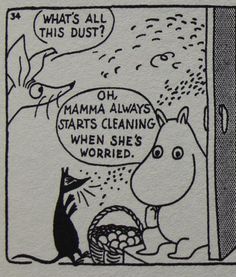 a comic strip with a hippo saying what's all this dust? oh, hamma always starts cleaning when she's worried