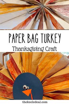 paper bag turkey thanksgiving craft for kids with the title overlay that reads, paper bag turkey