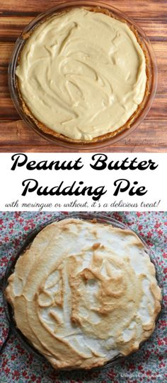 peanut butter pudding pie with meringue on top and an unwrapped pie crust