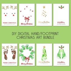 christmas cards with handprint designs and the words diy digital hand / footprint christmas art bundle