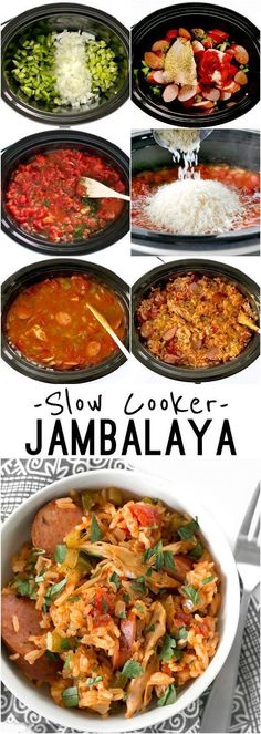 several different pictures of food in bowls with the words slow cooker jambalaya