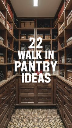 a walk in pantry filled with lots of wooden drawers and shelves full of items that are labeled 22 walk in pantry ideas