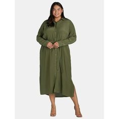 Step into effortless elegance with our Time and Tru Women's Midi Shirt Dress with Side Slits. Designed for everyone who values both style and comfort, this versatile piece seamlessly blends sophistication with laid-back charm. Crafted with long sleeves, it's perfect for transitioning between seasons, offering a chic silhouette that flatters every figure. Only at Walmart. Size: 4X.  Color: Green.  Gender: female.  Age Group: adult. Plus Size Summer Dresses, Plus Size Summer, Women Midi, Midi Shirt Dress, Effortless Elegance, Womens Tie, Mini Shirt Dress, Casual Summer Dresses, Dress Backs