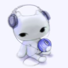 a white teddy bear with headphones on holding a blue object in its hand and looking at the camera