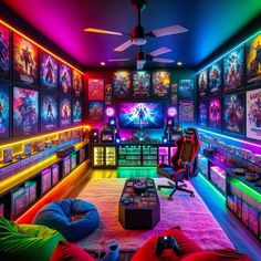 a room filled with lots of video game memorabilia and games on the walls, all lit up by colorful lights