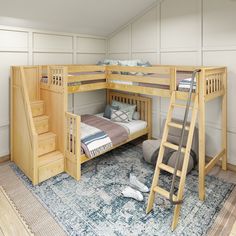 there is a bunk bed with stairs to the top and below it, next to a rug on the floor