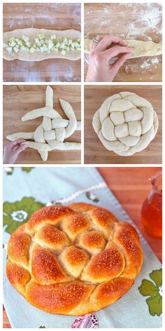 the process for making bread is shown in four different stages, including buns and pretzels