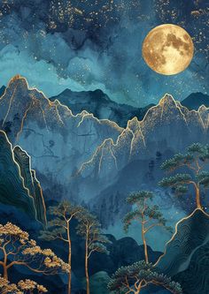 a painting of mountains and trees under a full moon