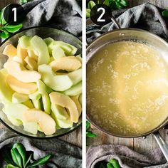 two pictures showing how to make apple cider with apples and leaves in the bowl