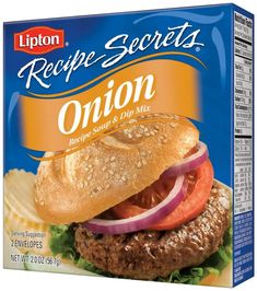 a box of recipe secrets onion burgers with lettuce and tomato on it