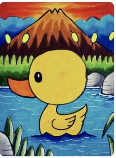 a painting of a duck floating on top of a lake with mountains in the background