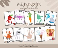 handprint alphabets with pictures of different animals and letters