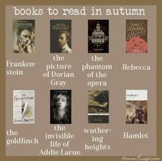 the books to read in autumn are arranged on a brown and beige background with text overlay