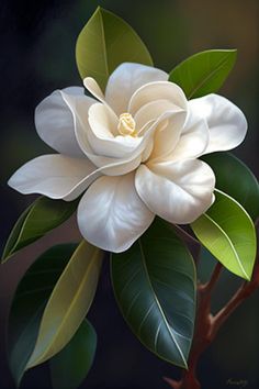 a painting of a white flower with green leaves