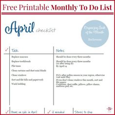 the free printable month to do list is shown in red and white with blue accents