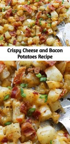 crispy cheese and bacon potatoes recipe is shown in two separate pans with spoons