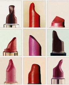 nine different shades of lipstick are shown in multiple squares on a white background, including red and pink