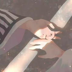 two hands reaching for each other in front of a star filled sky with light shining on them