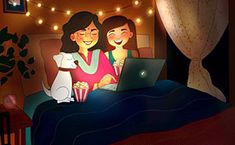 two women sitting on a bed looking at a laptop computer while holding popcorn in their hands