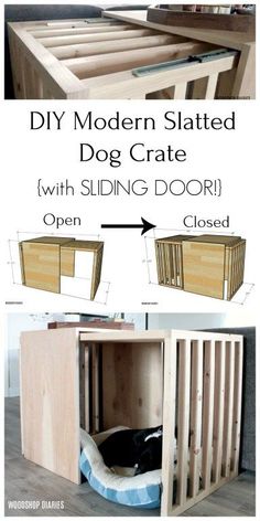 the diy modern slatted dog crate with sliding door is open and closed