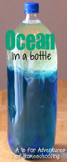 a bottle filled with blue liquid sitting on top of a wooden table