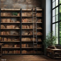 an old library with ladders and bookshelves full of books in front of a large window