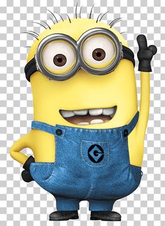 a cartoon minion with glasses and overalls standing in front of a white background