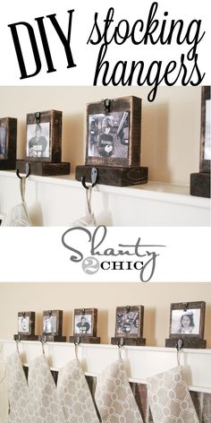 stockings hung on the wall with pictures hanging from them and text overlay that reads diy stocking hangers