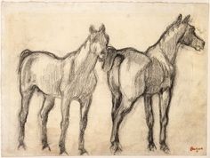 three horses standing next to each other on a white paper with black ink in it