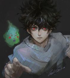 an anime character with black hair and red eyes pointing to something green in the background