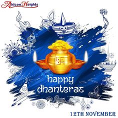 happy dhanteras greeting card with gold pot and candles on blue watercolor background