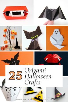 origami halloween crafts with text overlay that reads 25 origami halloween crafts