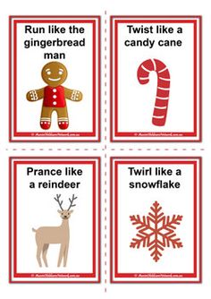 four christmas cards with pictures of gingerbread man, twirl like a reindeer and candy cane