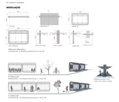 the diagram shows different sections of a building with people walking and standing in front of it