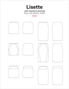 the front and back view of a pencil drawing pattern for skirts, with different sizes