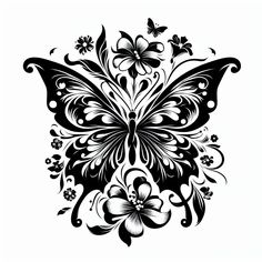 a black and white drawing of a butterfly with flowers on it's back side