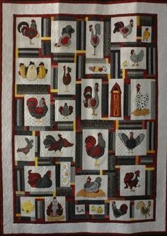 a quilted wall hanging with chickens and roosters on the front, along with other farm animals