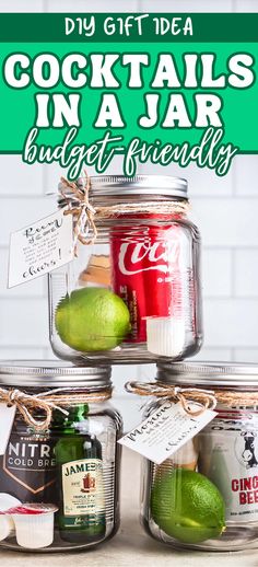 three glass jars filled with different types of cocktails