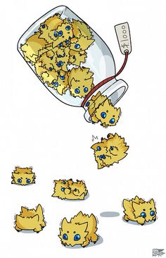 a bunch of little yellow kittens are in a glass bowl with some blue eyes