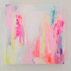 an abstract painting with pink, yellow and blue colors