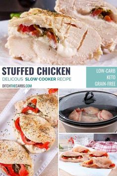 this is an image of stuffed chicken in the slow cooker with instructions to make it