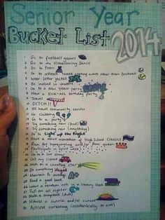 a hand holding up a paper with the words'senior year bucket list 2014'written on it