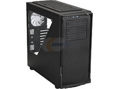 a black computer case with a clock on the front and side panel, sitting in front of a white background