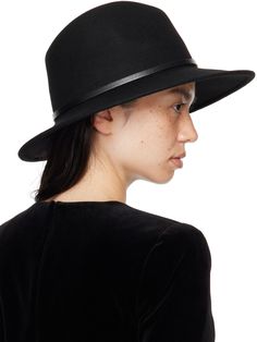 Felted wool fedora in black. · Logo hardware at grained calfskin hat band · Grosgrain browband · Unlined Supplier color: Nero/Nero/Black Classic Leather Fedora With Flat Brim, Classic Black Fedora With Flat Crown, Elegant Leather Fedora For Fall, Classic Leather Fedora With Curved Brim, Classic Wide Brim Workwear Hat, Classic Wide Brim Work Hats, Classic Wide Brim Hats For Workwear, Classic Short Brim Hat For Workwear, Classic Leather Fedora