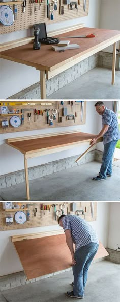 the man is working on his workbench