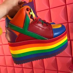 Yru Pride Collection Rainbow Platform Sneakers. Really Wanted A Pair Of These And They Were Sold Out In 7’s So I Bought A 6 And They’re Just Too Tight At The End Of The Day. I Did Squeeze In For A Couple Uses And They Have Some Stains That Can Be Seen In The Photos But They’re In Overall Condition. Sold Out And No Longer Made Trendy Multicolor Custom Sneakers With Round Toe, Rainbow High-top Sneakers With Rubber Sole, Multicolor High-top Platform Sneakers For Streetwear, High-top Multicolor Platform Sneakers For Streetwear, Multicolor Synthetic High-top Sneakers, Multicolor Custom Sneakers With Round Toe, Casual Multicolor Leather Platform Sneakers, Multicolor Platform Sneakers For Spring Streetwear, Trendy Multicolor Custom Sneakers For Spring