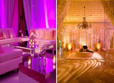 two pictures one with pink lighting and the other with white furniture in front of it