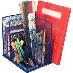 a blue desk organizer with pens, pencils and other office supplies