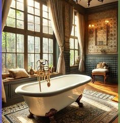 an old fashioned bathtub is in the middle of a room with windows and rugs