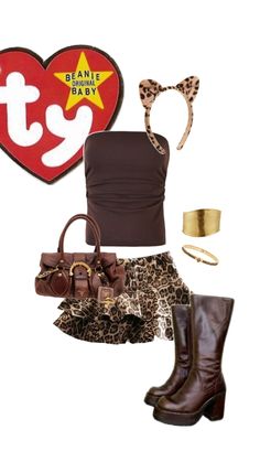 a woman's outfit and accessories are arranged in the shape of a heart, leopard print